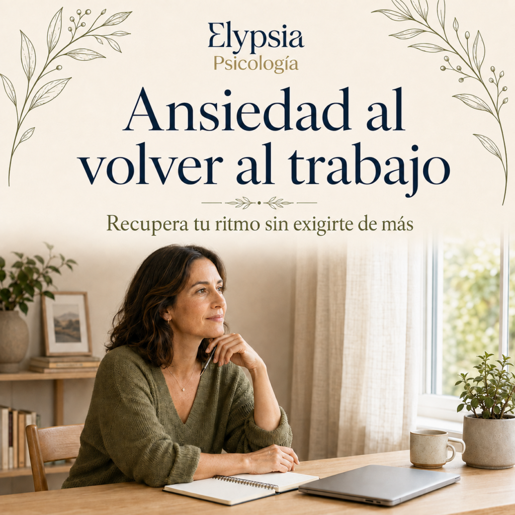 Ansiedad al volver al trabajo: mujer haciendo una pausa junto a su escritorio, con el logo de Elypsia Psicología.