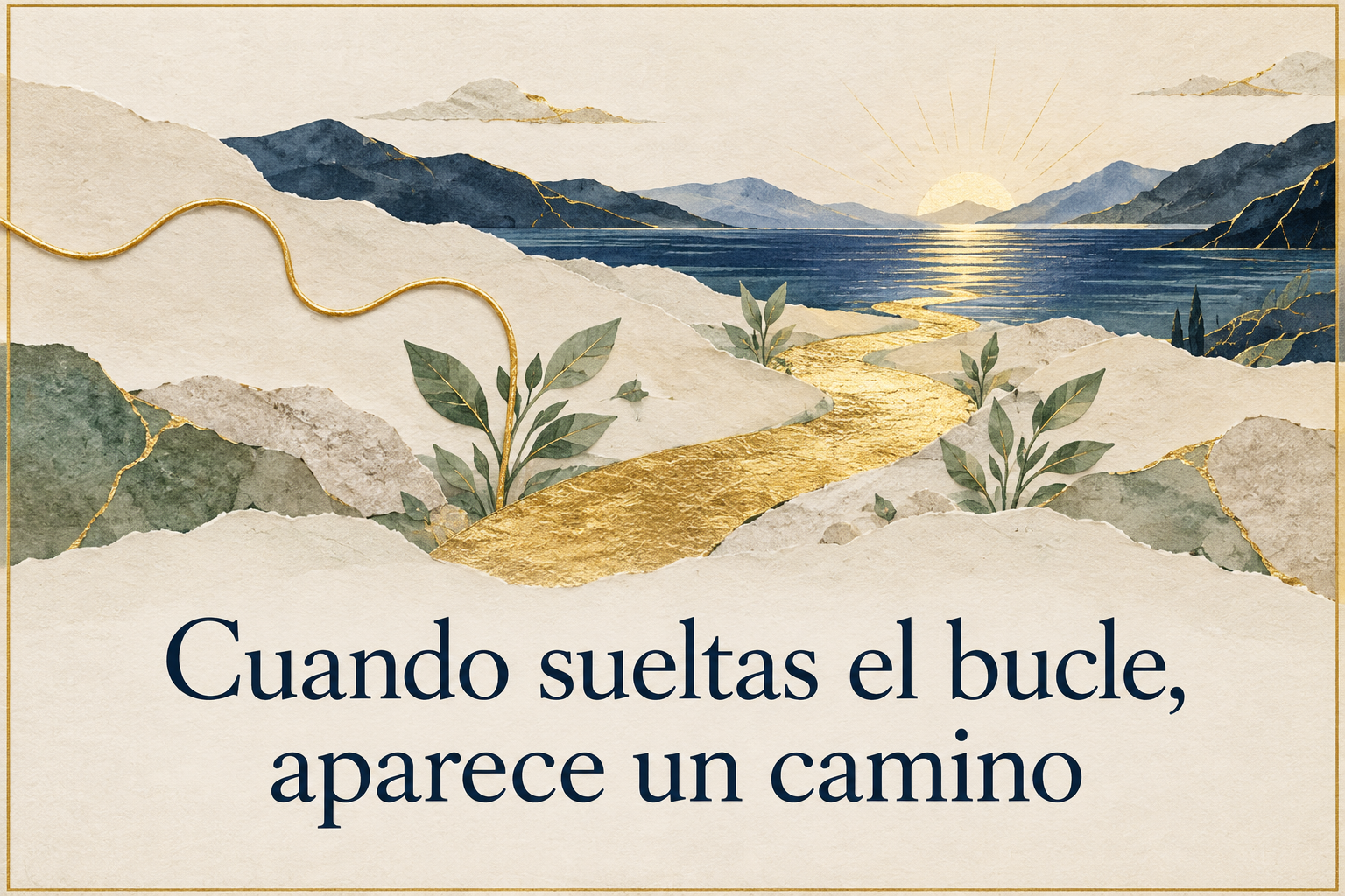 Hilo dorado que se convierte en un camino con la frase Cuando sueltas el bucle aparece un camino
