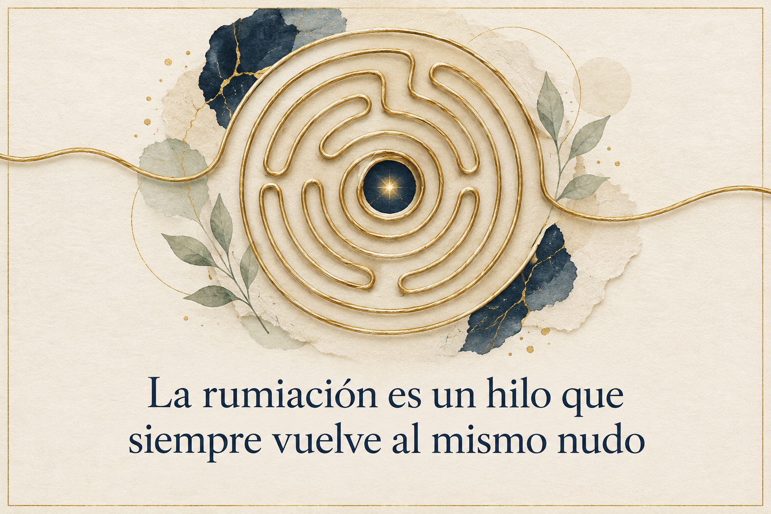 Laberinto formado por un hilo dorado con la frase La rumiación es un hilo que siempre vuelve al mismo nudo