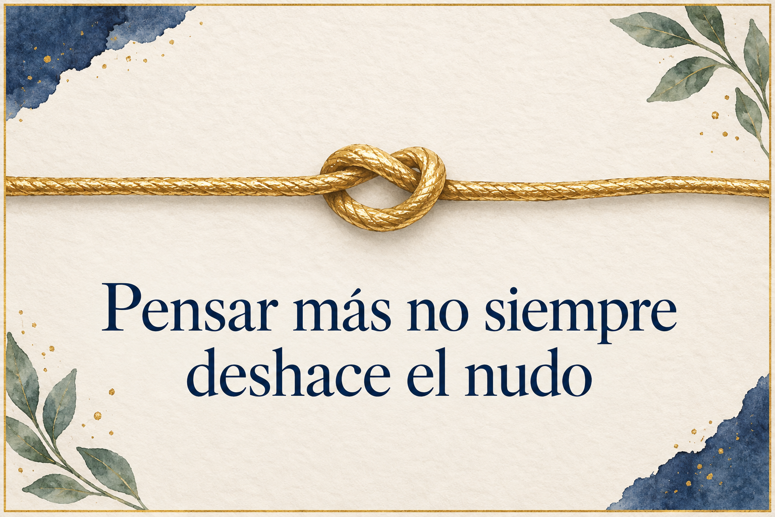 Nudo simple en un hilo dorado con la frase Pensar más no siempre deshace el nudo